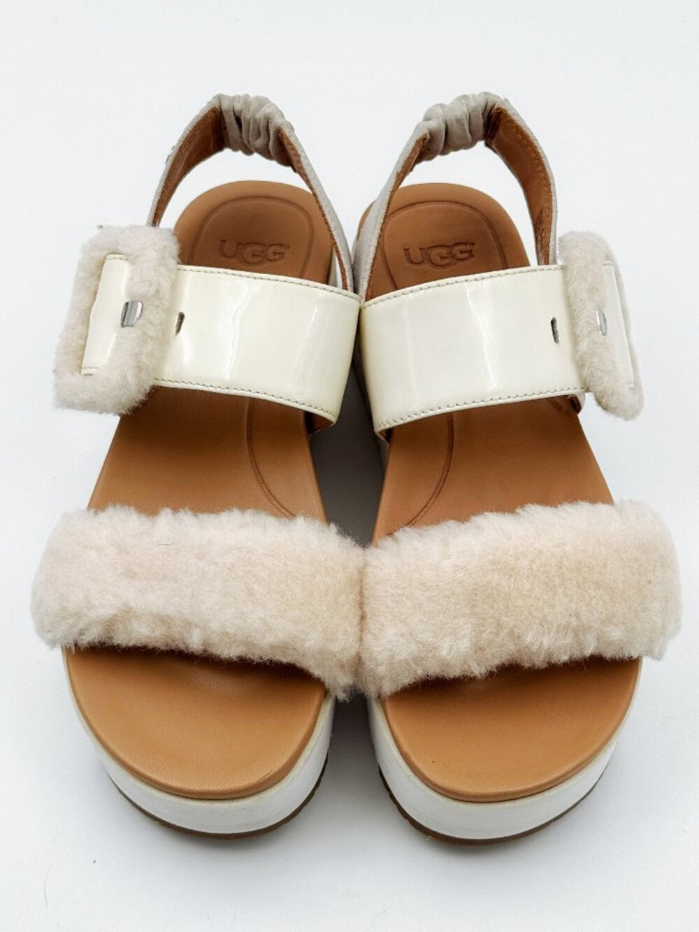 UGG cream & white platform sandals with faux fur straps